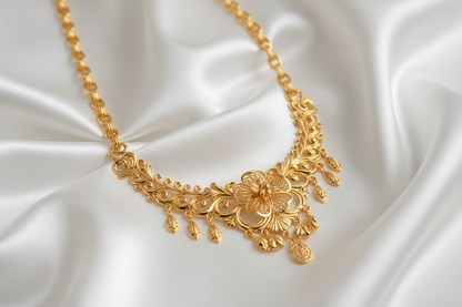 generate gold neckalce image lying on white saturn cloth