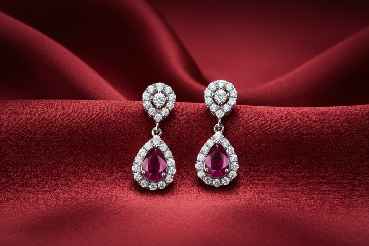 make the beuatiful earings lying on the red statrun cloth and looking appealing for sellig